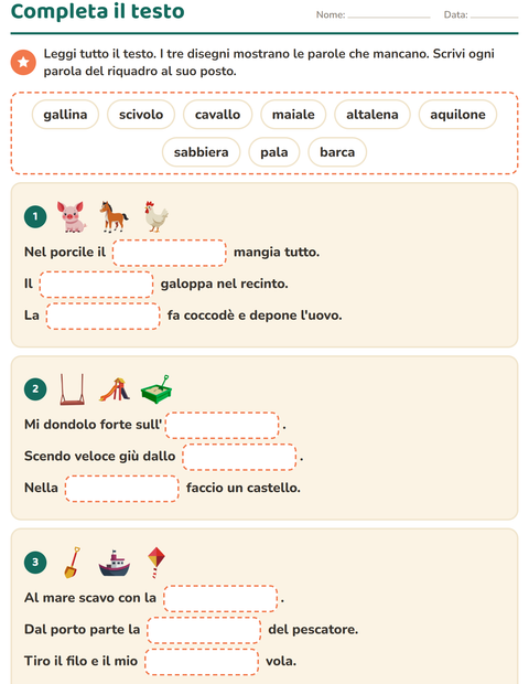 Anteprima della scheda di Completa le frasi per Scuola primaria classe seconda