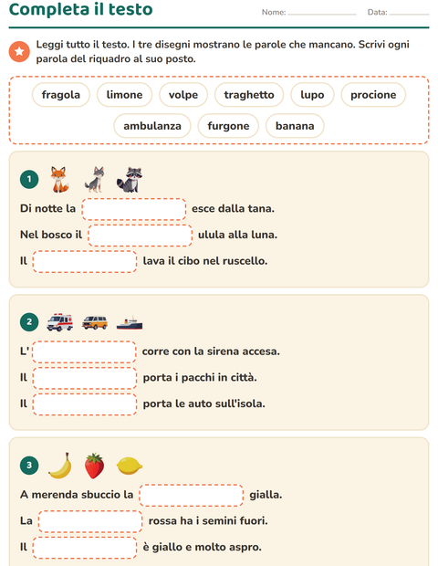 Anteprima della scheda di Completa le frasi per Scuola primaria classe seconda