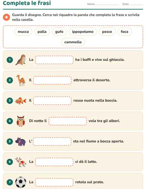 Anteprima della scheda di Completa le frasi per Scuola primaria classe prima