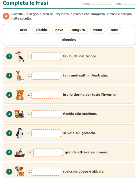 Anteprima della scheda di Completa le frasi per Scuola primaria classe prima
