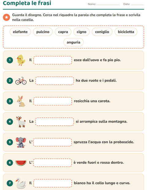 Anteprima della scheda di Completa le frasi per Scuola primaria classe prima