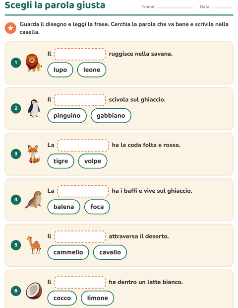 Anteprima della scheda di Completa le frasi per Scuola primaria classe prima