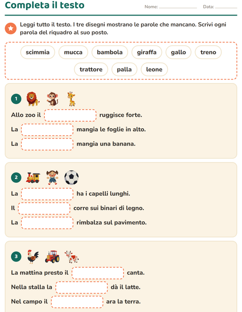 Anteprima della scheda di Completa le frasi per Scuola primaria classe seconda