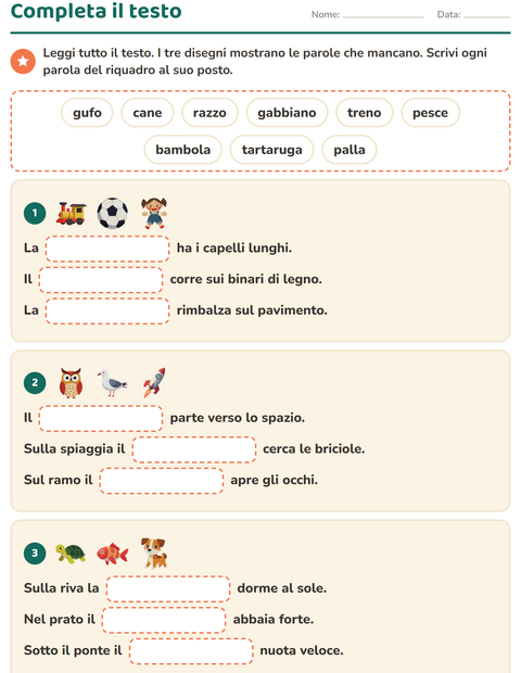 Tre blocchi di frasi da completare con nove parole