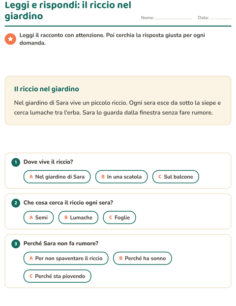 Comprensione del testo: il riccio nel giardino