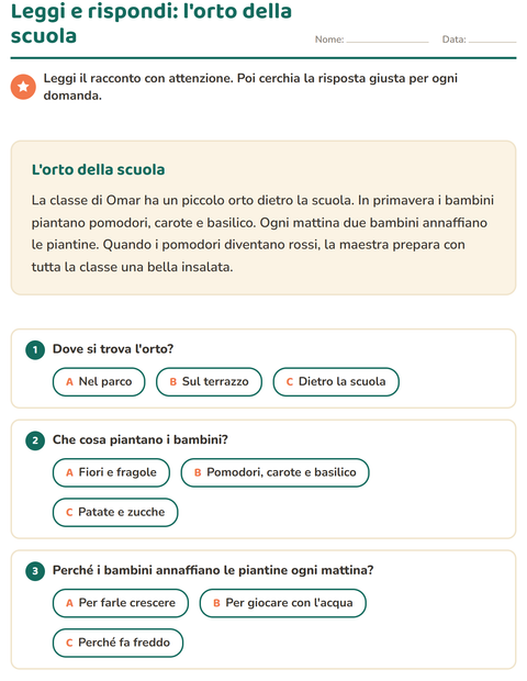 Comprensione del testo: l'orto della scuola