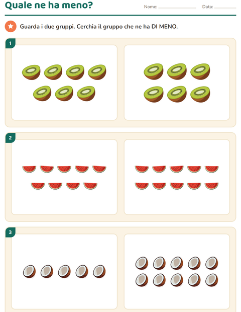 Anteprima della scheda di Confronto tra quantità con Frutta per Scuola dell'infanzia (5-7 anni)