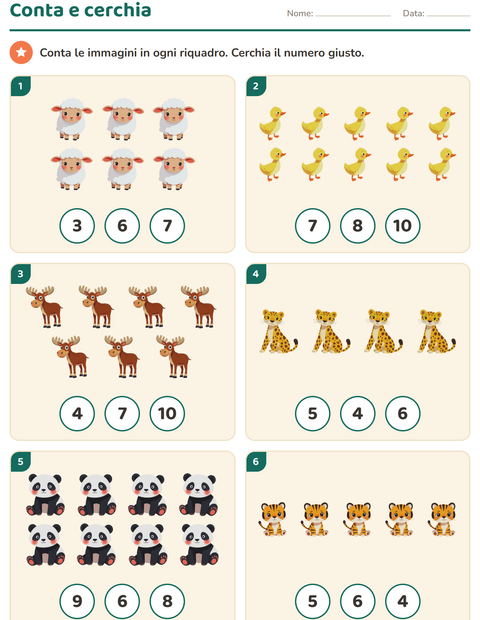 Anteprima della scheda di Contare con le immagini con Animali per Scuola dell'infanzia (5-7 anni)