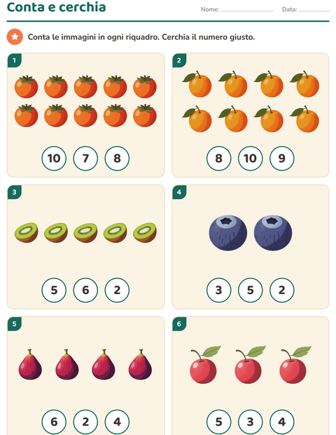 Anteprima della scheda di Contare con le immagini con Frutta per Scuola dell'infanzia (5-7 anni)