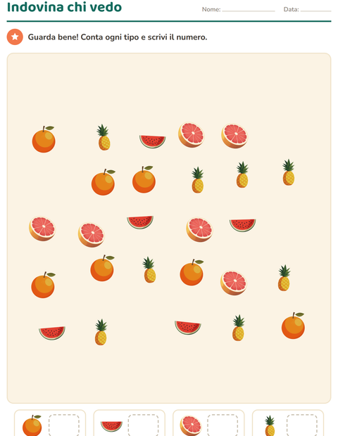 Anteprima della scheda di Contare con le immagini con Frutta per Scuola dell'infanzia (5-7 anni)
