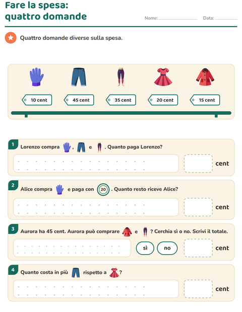 Anteprima della scheda di Contare le monete con Abbigliamento per Scuola primaria classe seconda