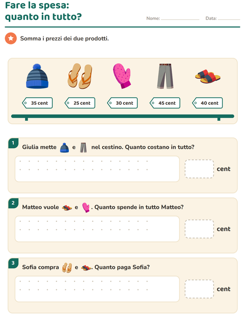Anteprima della scheda di Contare le monete con Abbigliamento per Scuola primaria classe seconda