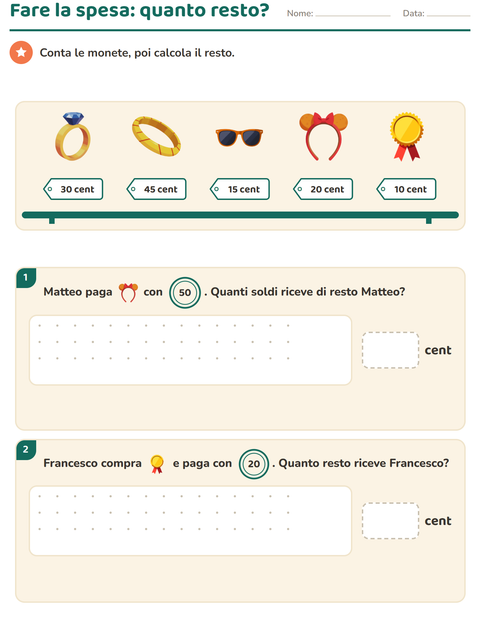 Anteprima della scheda di Contare le monete con Accessori per Scuola primaria classe seconda