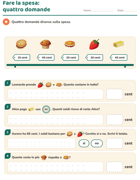 Anteprima della scheda di Contare le monete con Colazione per Scuola primaria classe seconda