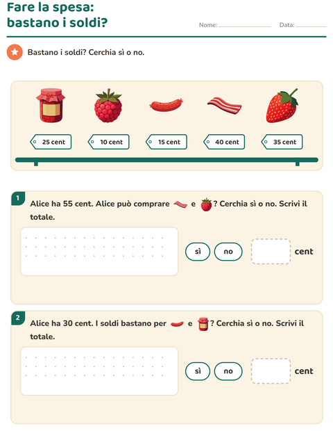 Anteprima della scheda di Contare le monete con Colazione per Scuola primaria classe seconda