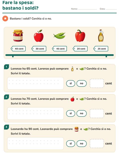 Anteprima della scheda di Contare le monete con Al supermercato per Scuola primaria classe seconda
