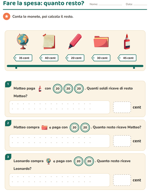Anteprima della scheda di Contare le monete con Aula per Scuola primaria classe seconda