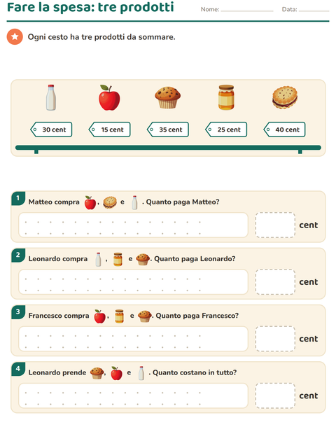 Anteprima della scheda di Contare le monete con Colazione per Scuola primaria classe seconda