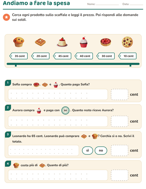 Anteprima della scheda di Contare le monete con Dolci e dolciumi per Scuola primaria classe seconda