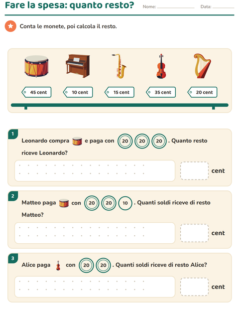 Anteprima della scheda di Contare le monete con Musica per Scuola primaria classe seconda