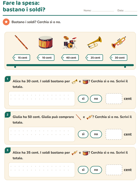 Anteprima della scheda di Contare le monete con Musica per Scuola primaria classe seconda