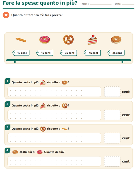 Anteprima della scheda di Contare le monete con Panetteria per Scuola primaria classe seconda