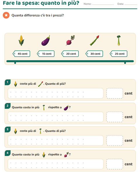 Anteprima della scheda di Contare le monete con Verdure per Scuola primaria classe seconda