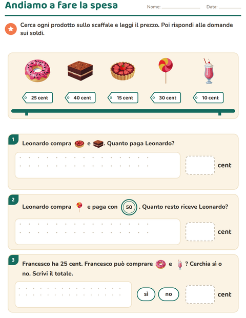 Anteprima della scheda di Contare le monete con Dolci e dolciumi per Scuola primaria classe seconda