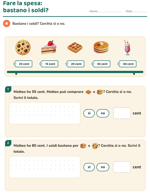 Anteprima della scheda di Contare le monete con Dolci e dolciumi per Scuola primaria classe seconda