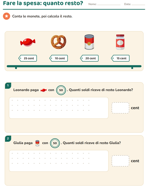 Anteprima della scheda di Contare le monete con Al supermercato per Scuola primaria classe seconda