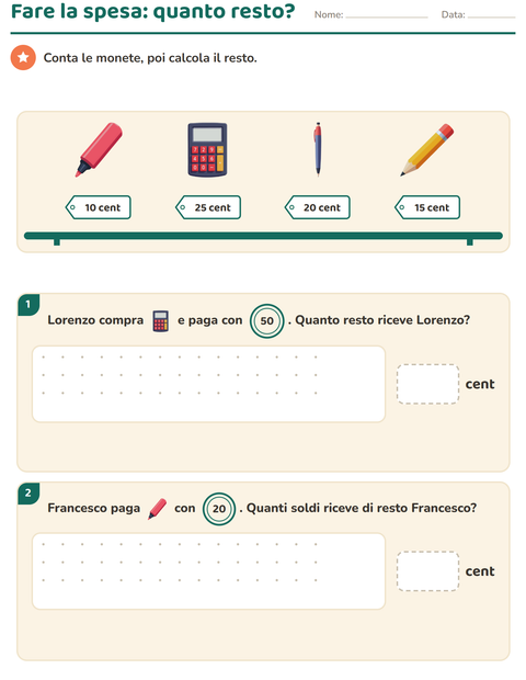 Anteprima della scheda di Contare le monete con Aula per Scuola primaria classe seconda