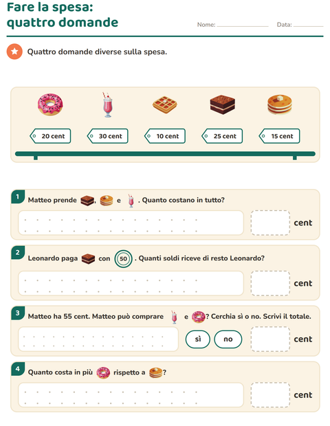 Anteprima della scheda di Contare le monete con Dolci e dolciumi per Scuola primaria classe seconda