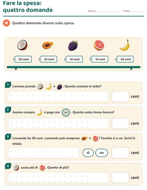 Anteprima della scheda di Contare le monete con Frutta per Scuola primaria classe seconda