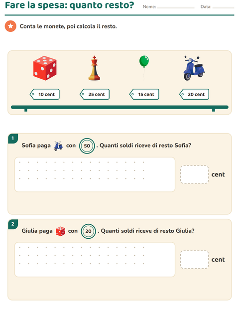 Anteprima della scheda di Contare le monete con Giocattoli per Scuola primaria classe seconda