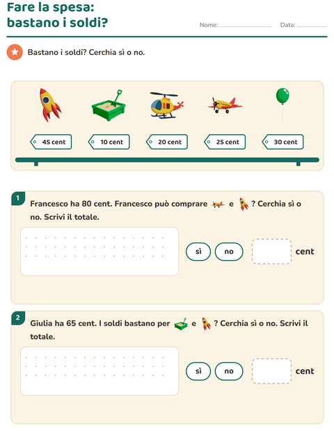 Anteprima della scheda di Contare le monete con Giocattoli per Scuola primaria classe seconda