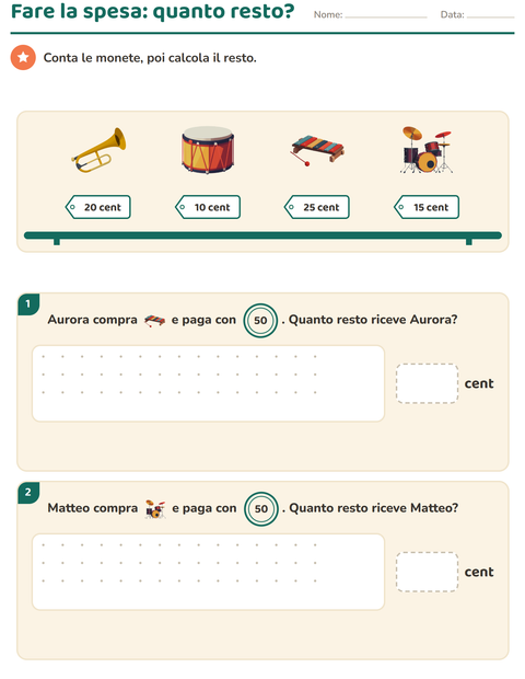 Anteprima della scheda di Contare le monete con Musica per Scuola primaria classe seconda