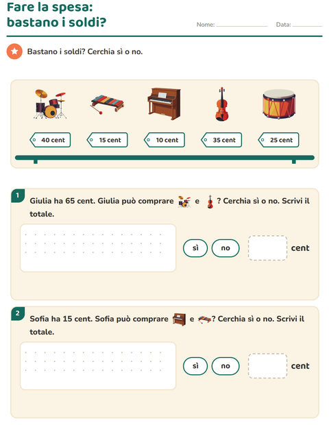 Anteprima della scheda di Contare le monete con Musica per Scuola primaria classe seconda