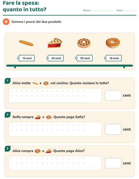 Anteprima della scheda di Contare le monete con Panetteria per Scuola primaria classe seconda
