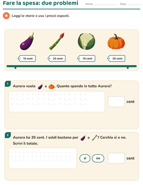Anteprima della scheda di Contare le monete con Verdure per Scuola primaria classe seconda