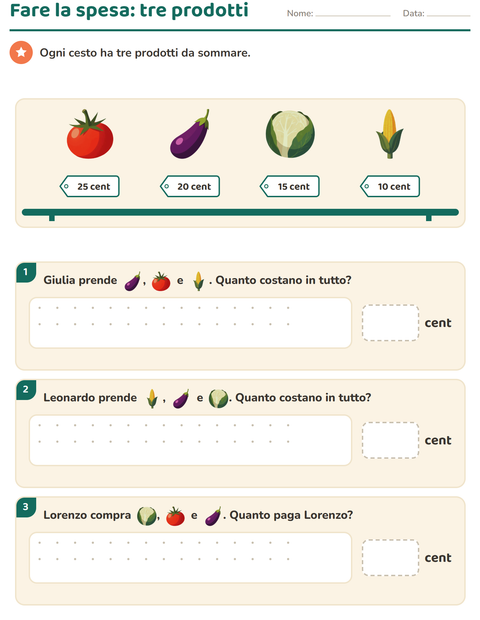 Anteprima della scheda di Contare le monete con Verdure per Scuola primaria classe seconda