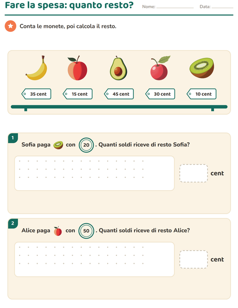 Anteprima della scheda di Contare le monete con Frutta per Scuola primaria classe seconda
