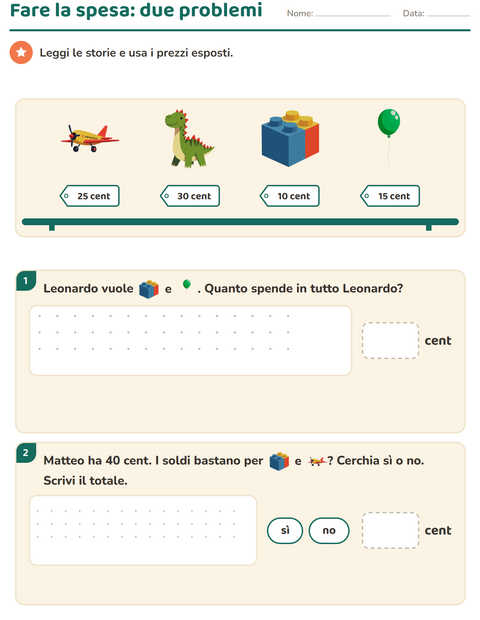 Anteprima della scheda di Contare le monete con Giocattoli per Scuola primaria classe seconda