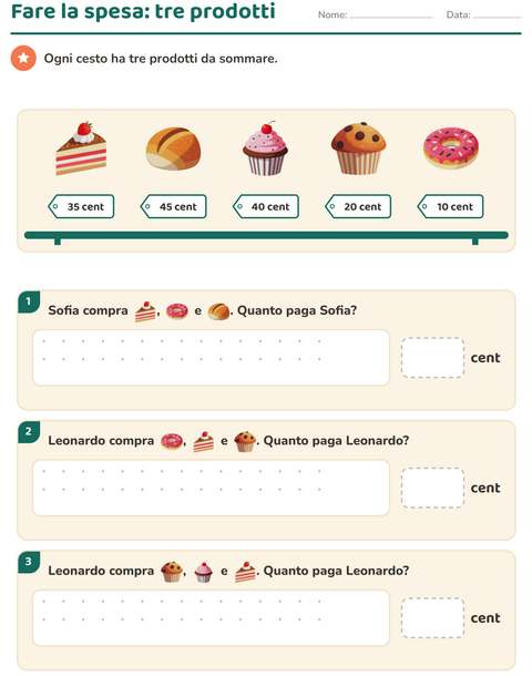 Anteprima della scheda di Contare le monete con Panetteria per Scuola primaria classe seconda