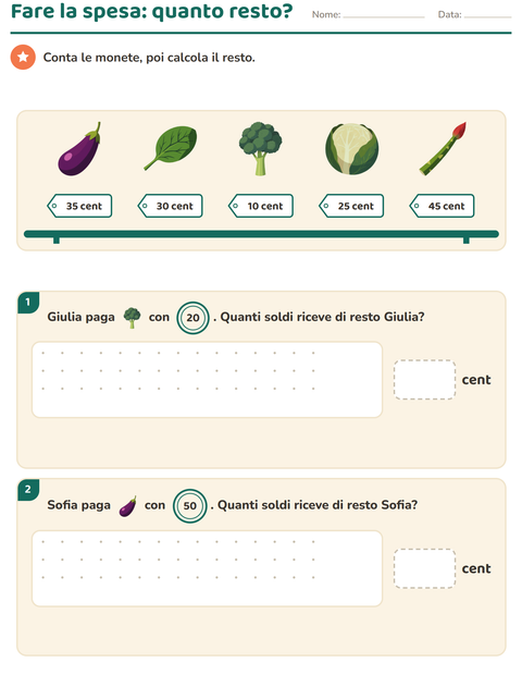 Anteprima della scheda di Contare le monete con Verdure per Scuola primaria classe seconda