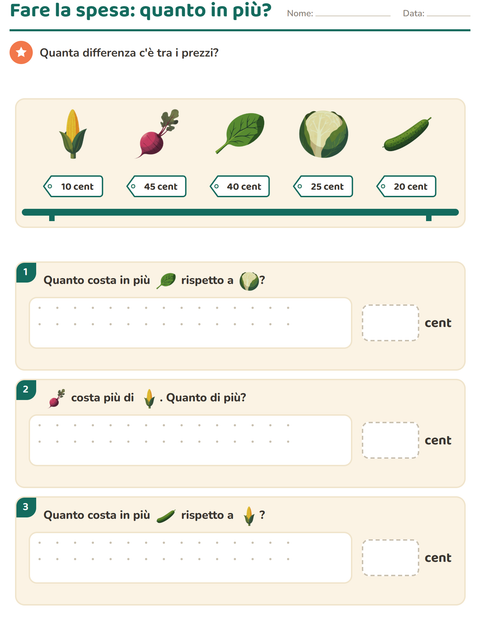 Anteprima della scheda di Contare le monete con Verdure per Scuola primaria classe seconda