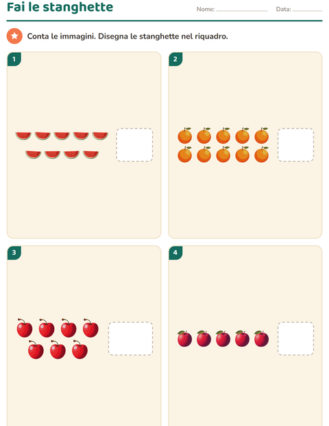 Anteprima della scheda di Conteggio con le stanghette con Frutta per Scuola dell'infanzia (5-7 anni)