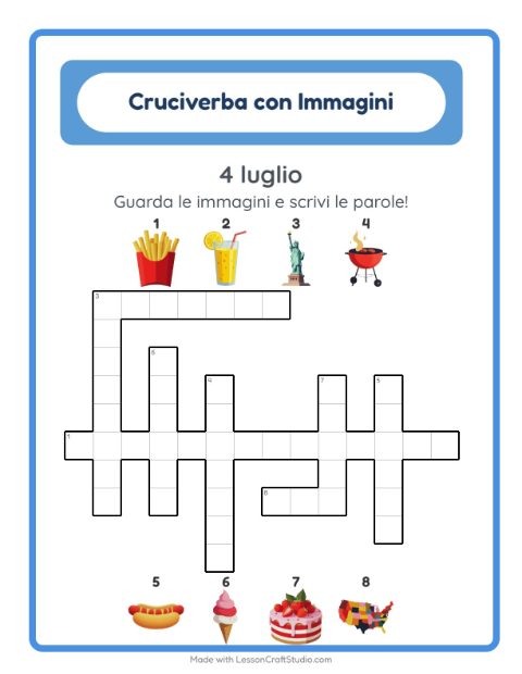 Anteprima della scheda di Cruciverba con 4 luglio per Scuola primaria classe seconda