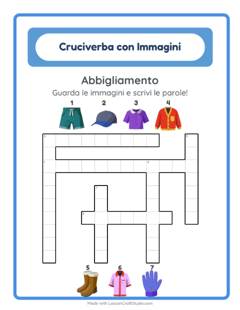 Anteprima della scheda di Cruciverba con Abbigliamento per Scuola primaria classe seconda