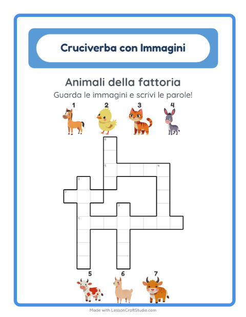 Anteprima della scheda di Cruciverba con Animali della fattoria per Scuola primaria classe seconda