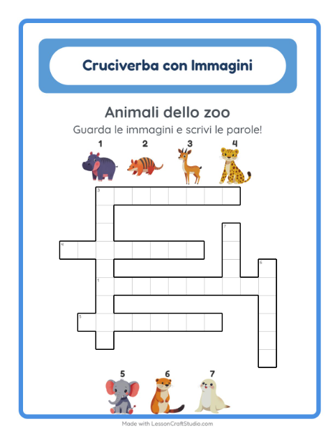 Anteprima della scheda di Cruciverba con Animali dello zoo per Scuola primaria classe seconda